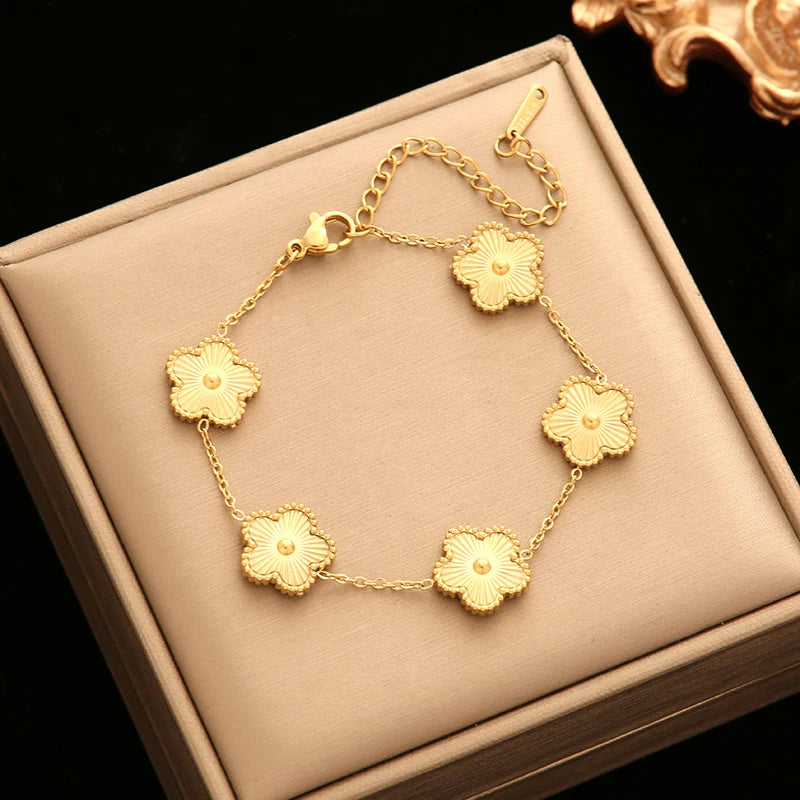 Double Sided Green Five Leaf Flower Charm Bracelets