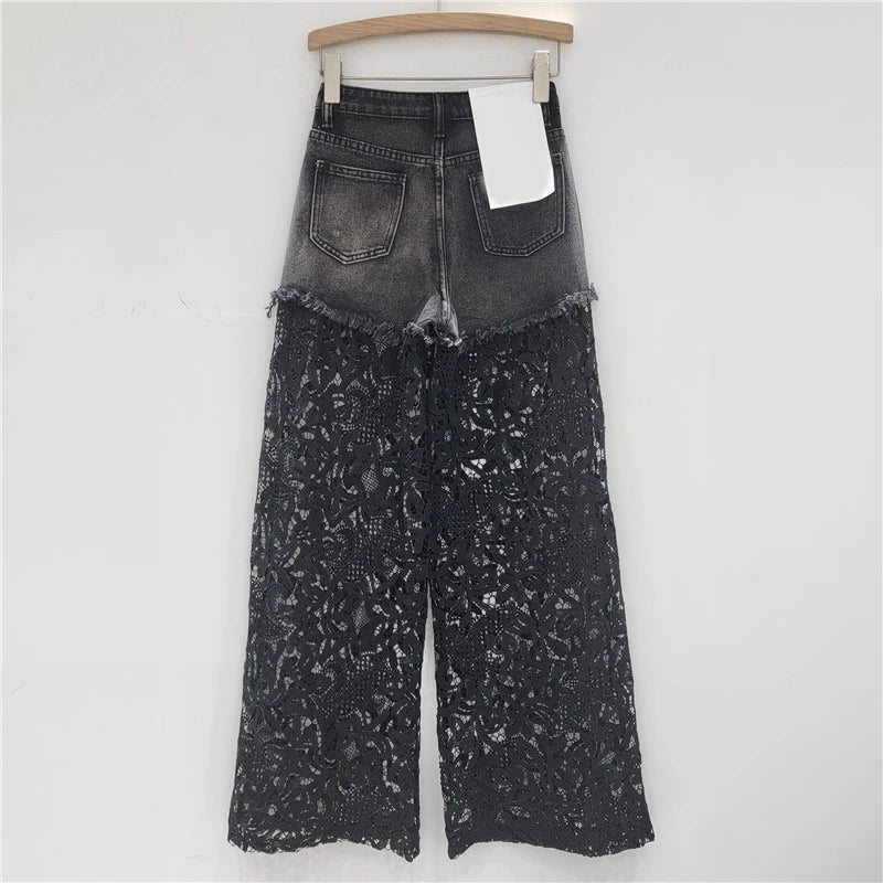 Hot Diamonds Broken Holes Patchwork Lace High Waist Straight Denim Pants