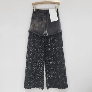 Hot Diamonds Broken Holes Patchwork Lace High Waist Straight Denim Pants
