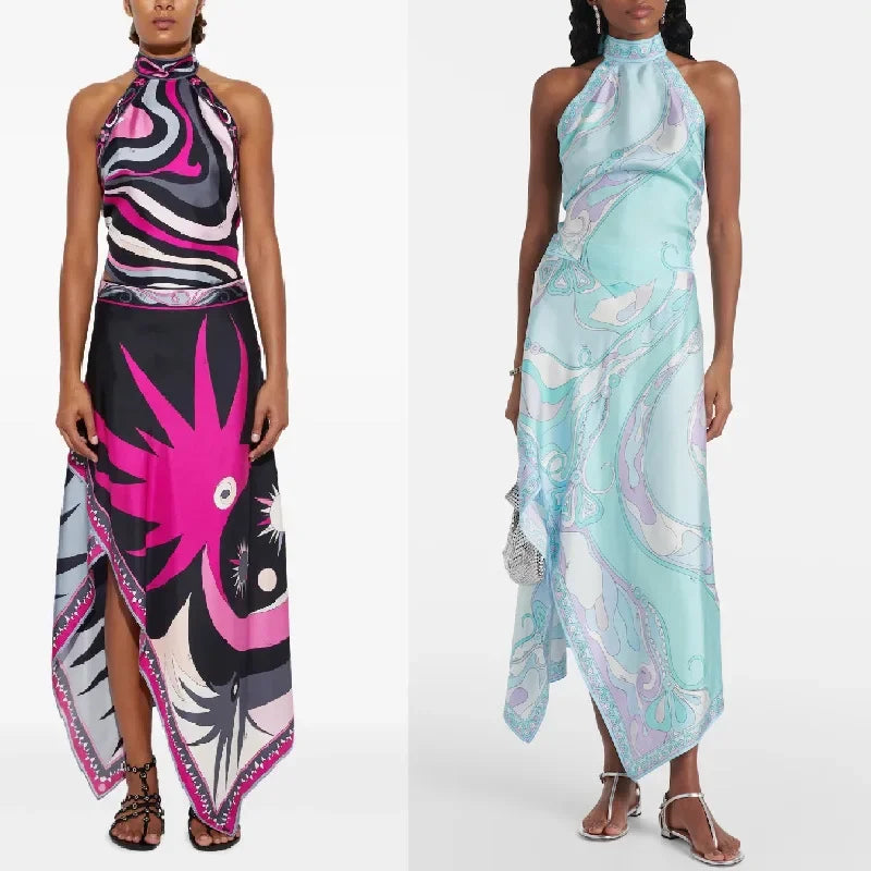 2025 Printed Satin Halter Backless Top And Asymmetrical Mini Skirt Two-Piece Set