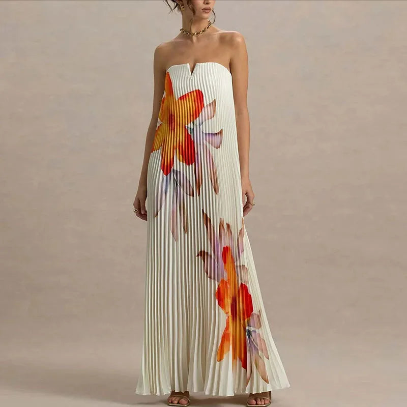 Elegant Floral Print A-Line Pleated Dress