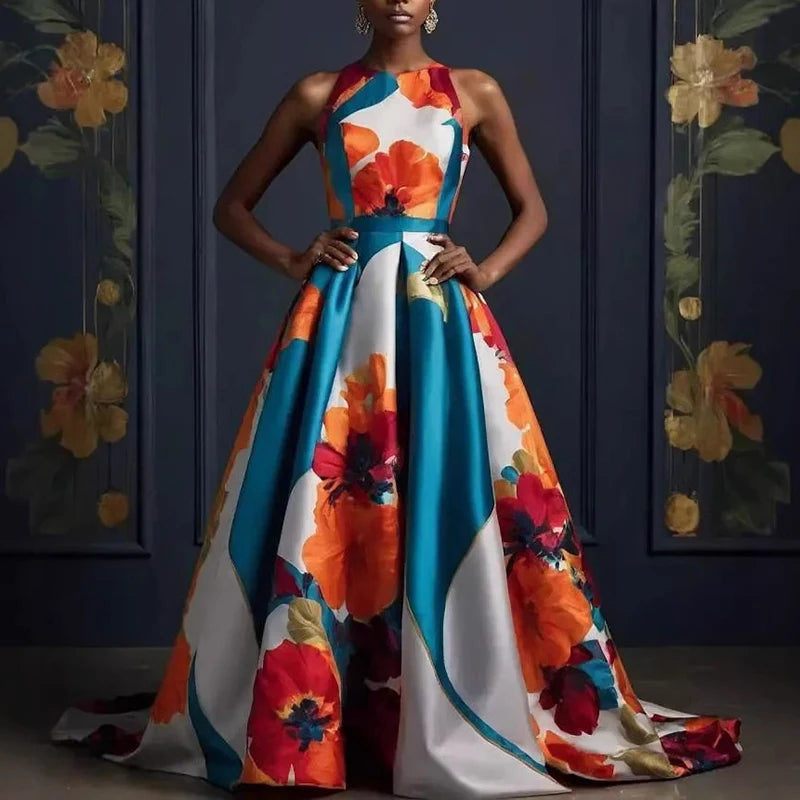 Elegant Floral Print Hem Party Dress