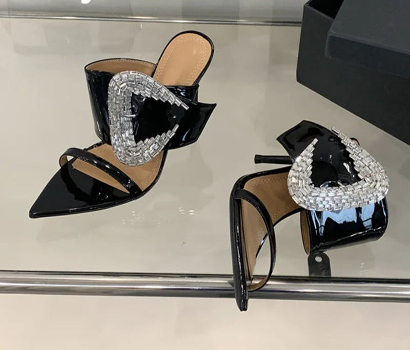 Elegant Pointed Toe Patent Leather Mules