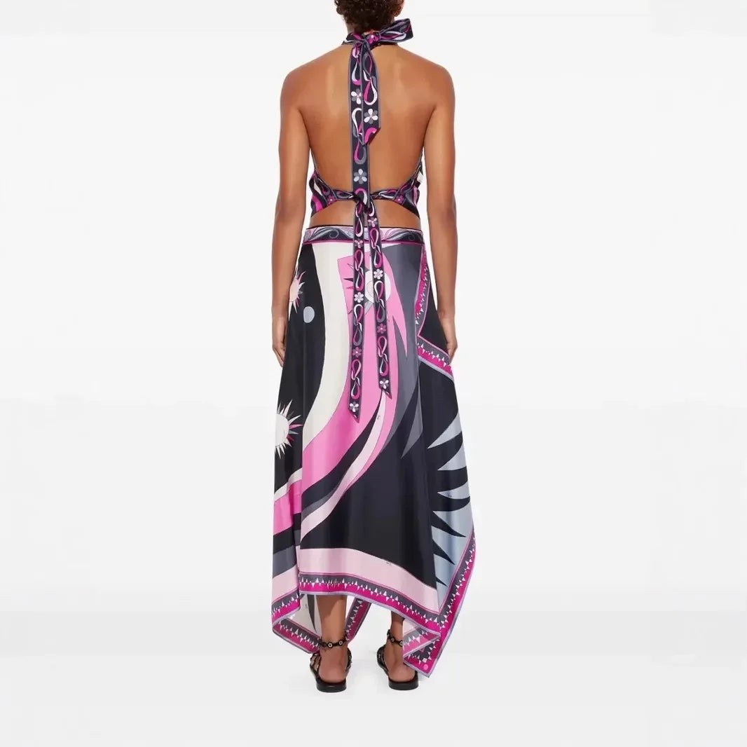 2025 Printed Satin Halter Backless Top And Asymmetrical Mini Skirt Two-Piece Set