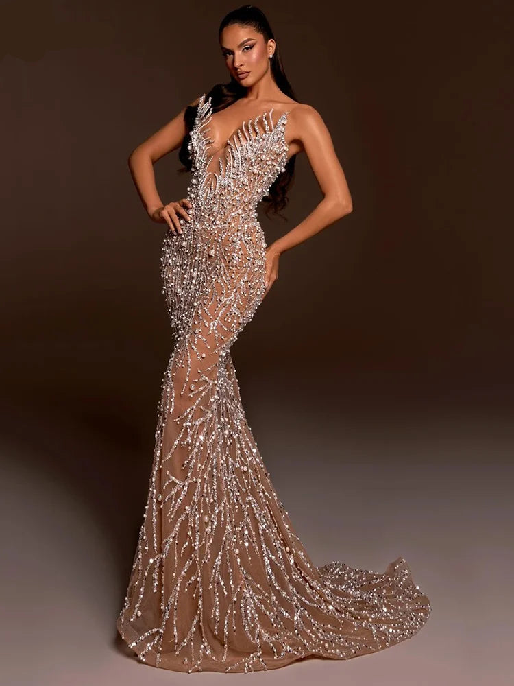 Chic Nude Deep-V Neck Sequin Mermaid Dress
