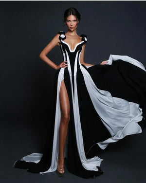 Stereoscopic Flowers White and Black Bandage long Dress