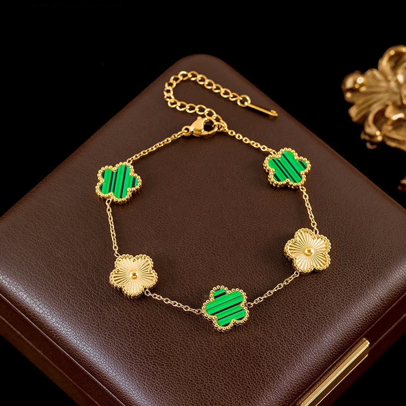 Double Sided Green Five Leaf Flower Charm Bracelets