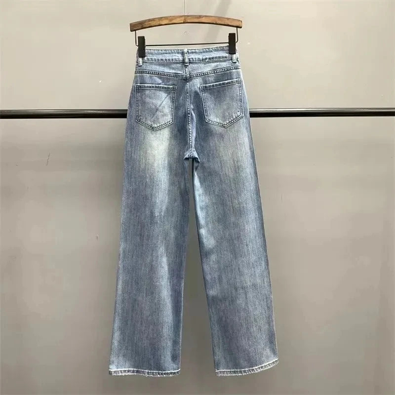 Light Blue Letter Embroidered Hot Diamond Denim Pants