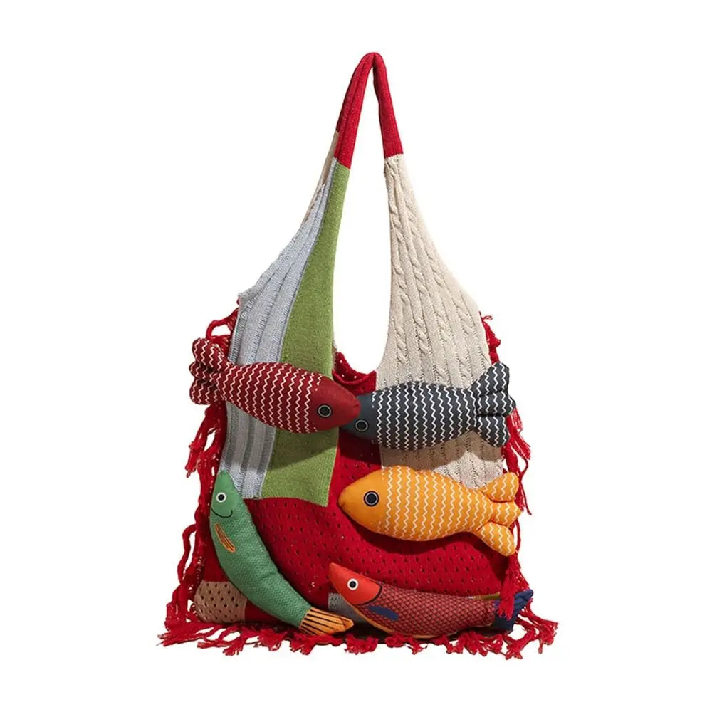 Summer Cotton Crochet Fish Large Capacity Hollow Out Weave Bag