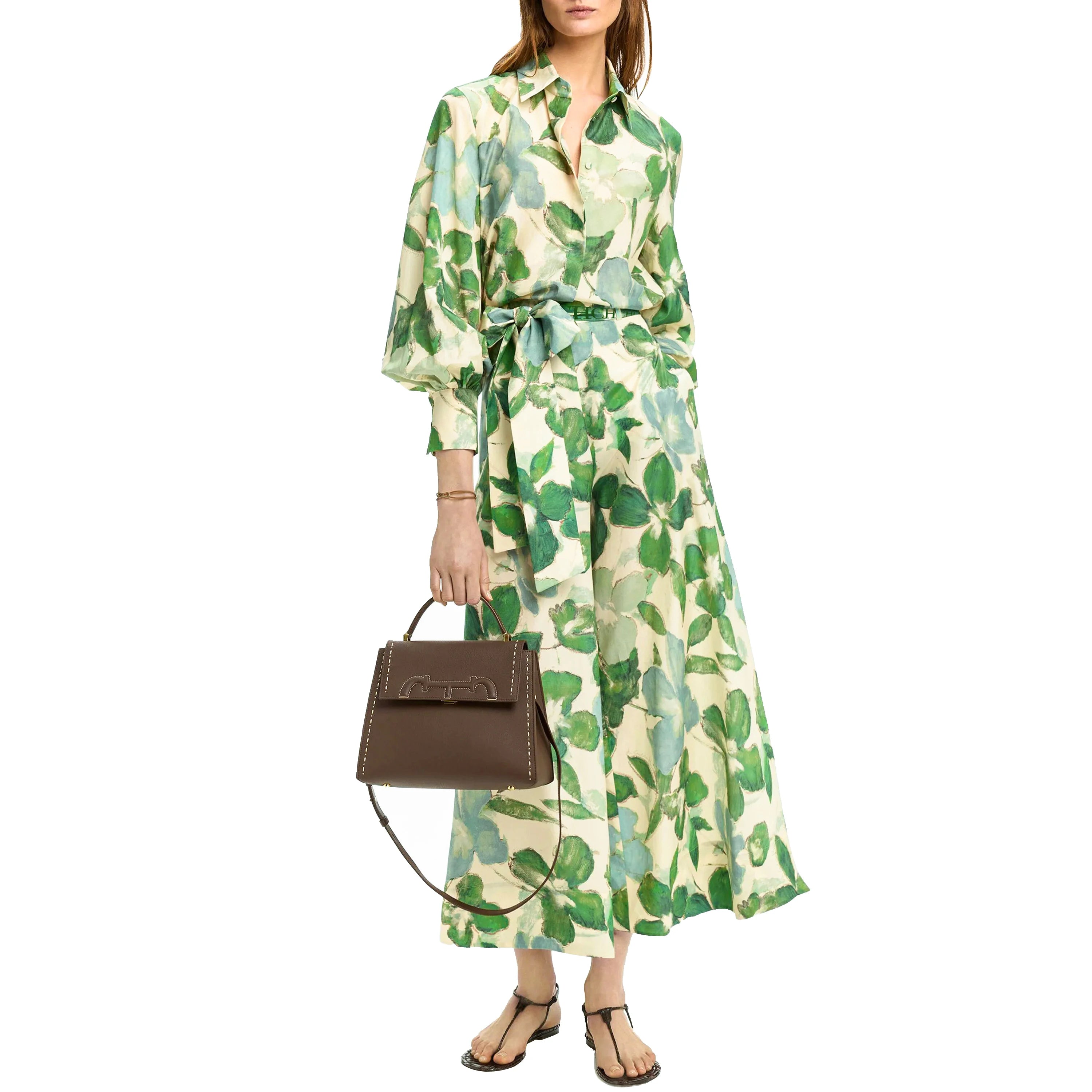 New Belted Chiffon Print V-neck Chic Slim Long Dress