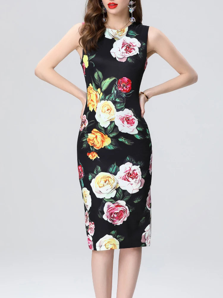 Retro Printed Slim Fit Round Neck Vest Dress