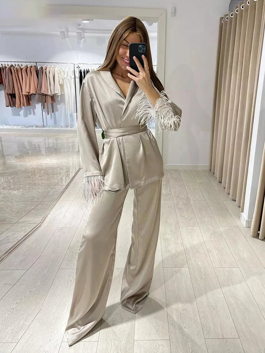Satin Wide Pants Set Elegant