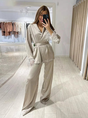 Satin Wide Pants Set Elegant