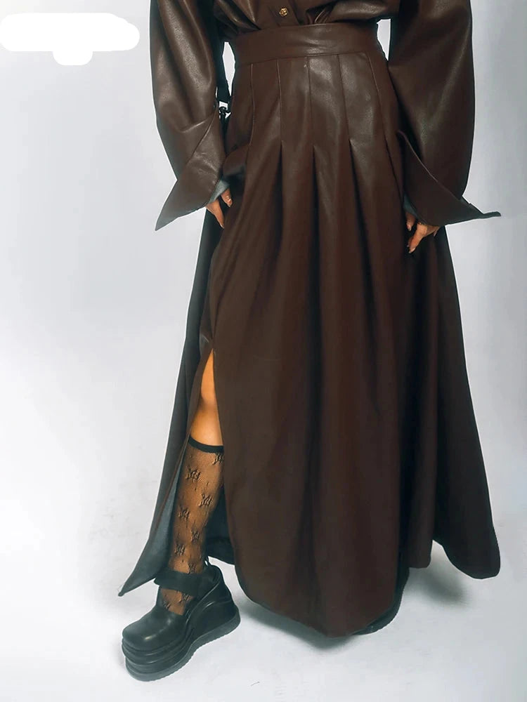 Chic Brown Soft Pu Leather Maxi Pleated Skirt