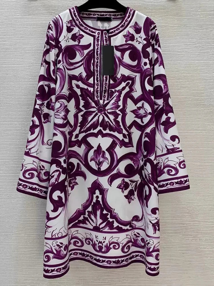 New Round Neck Long Sleeve Printed Loose Dress