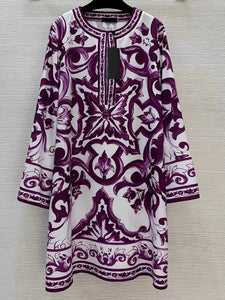 New Round Neck Long Sleeve Printed Loose Dress