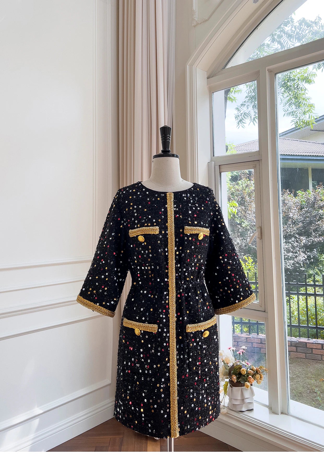Luxury Retro Sequin Black Gold Tweed Coat