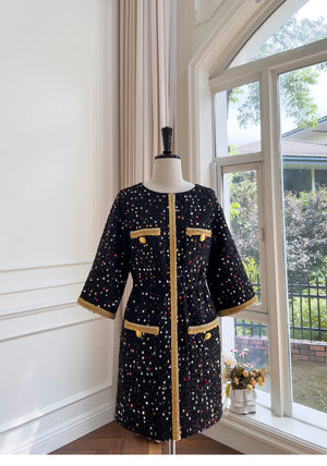 Luxury Retro Sequin Black Gold Tweed Coat