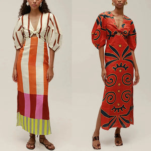 Floral Flower Color Stripes Printed Linen Dress