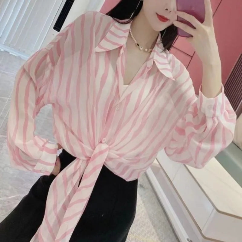 Loose Long sleeve Letter Striped Button Cardigan Shirt Tops