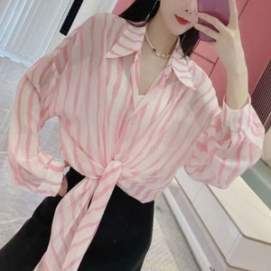 Loose Long sleeve Letter Striped Button Cardigan Shirt Tops