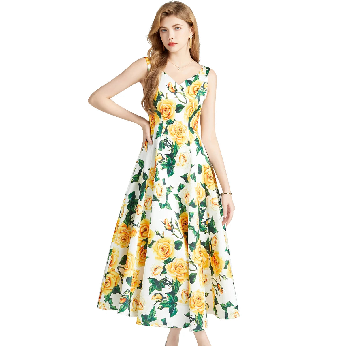 Summer Yellow Rose Spaghetti Strap Bohemian Dress