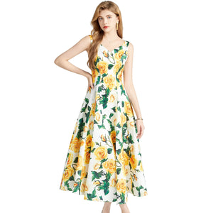 Summer Yellow Rose Spaghetti Strap Bohemian Dress