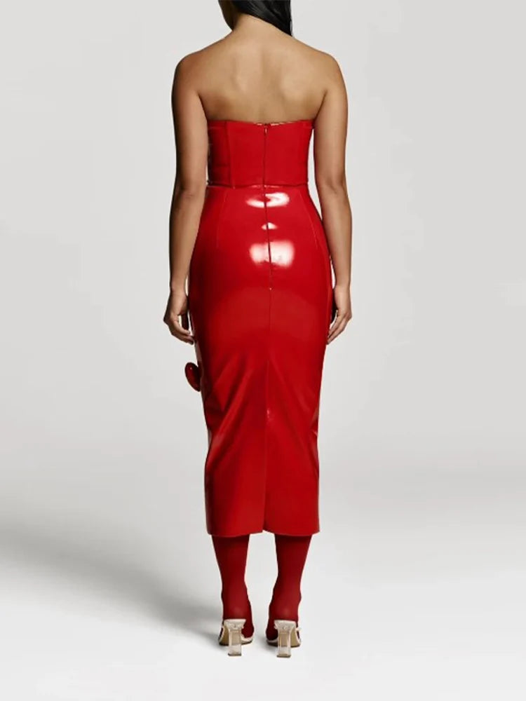 Red 3d Love Patent Leather Midi Dress