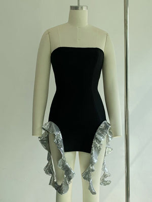 Strapless Irregular Ruffled Sequins Tight Mini Bandage Dress