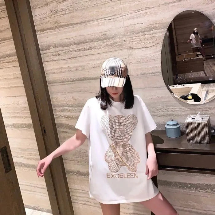 Trendy Diamond-Embellished Gold Bear Short Sleeve T-Shirt Plus Size