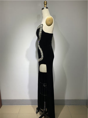 Backless Crystal Velvet Black Maxi Long Bodycon Gowns