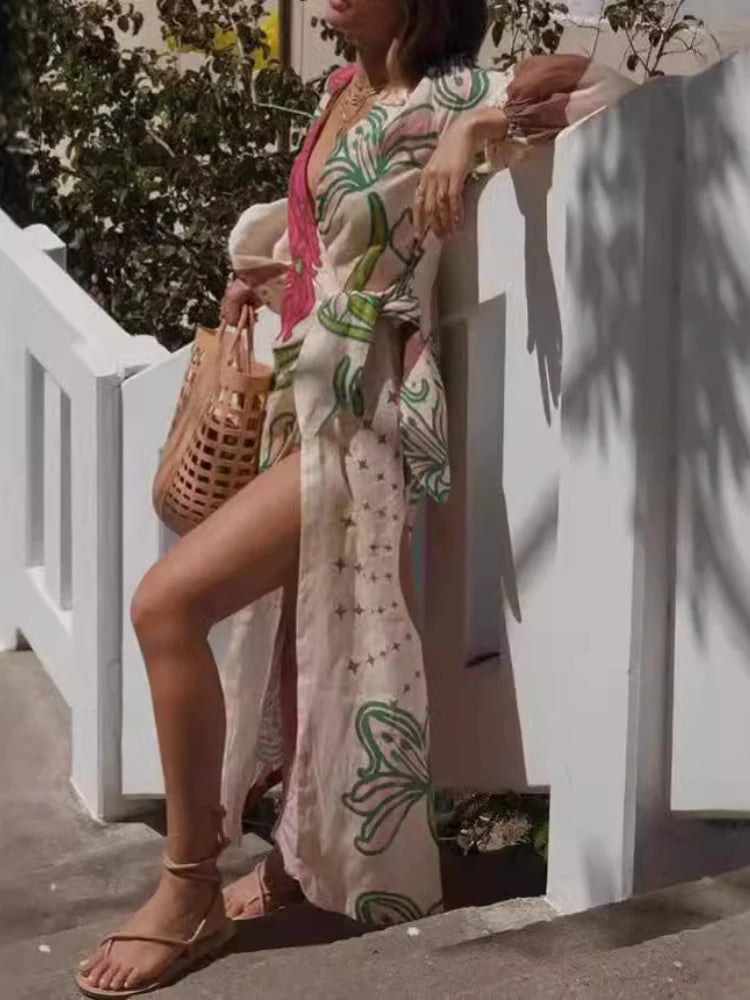 Elegant Printed Ethnic Style Cardigan Loose Long Skirt