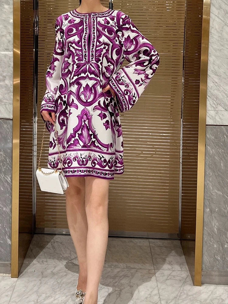 New Round Neck Long Sleeve Printed Loose Dress