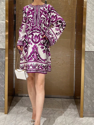 New Round Neck Long Sleeve Printed Loose Dress