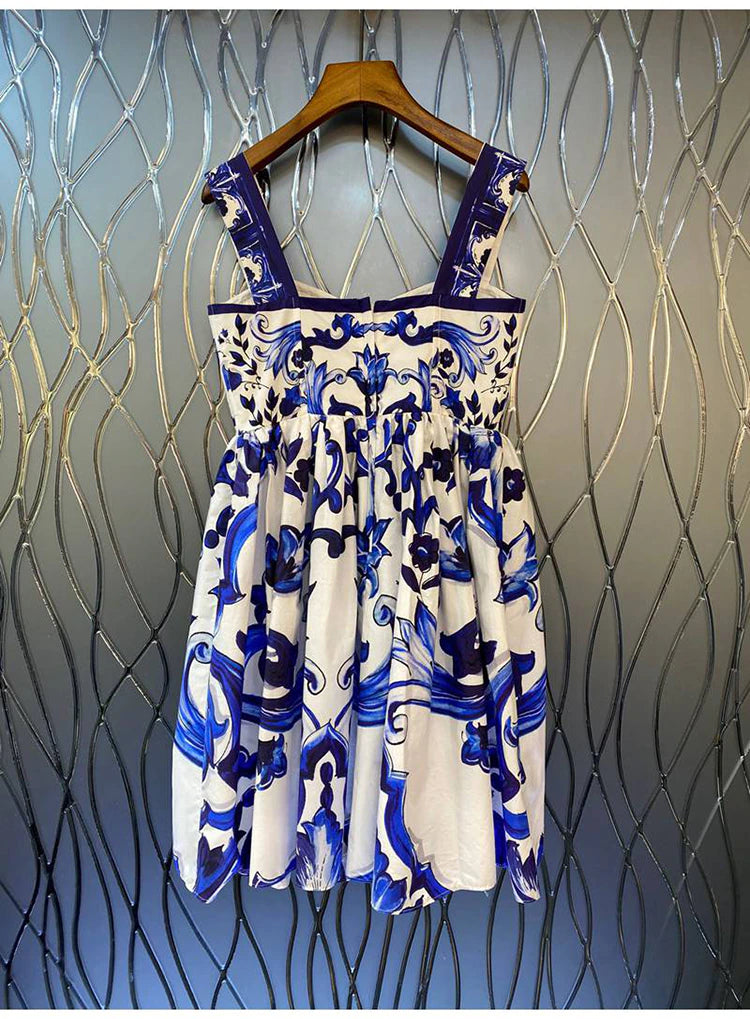 High Quality Designer Blue And White Porcelain Print Cotton Dress