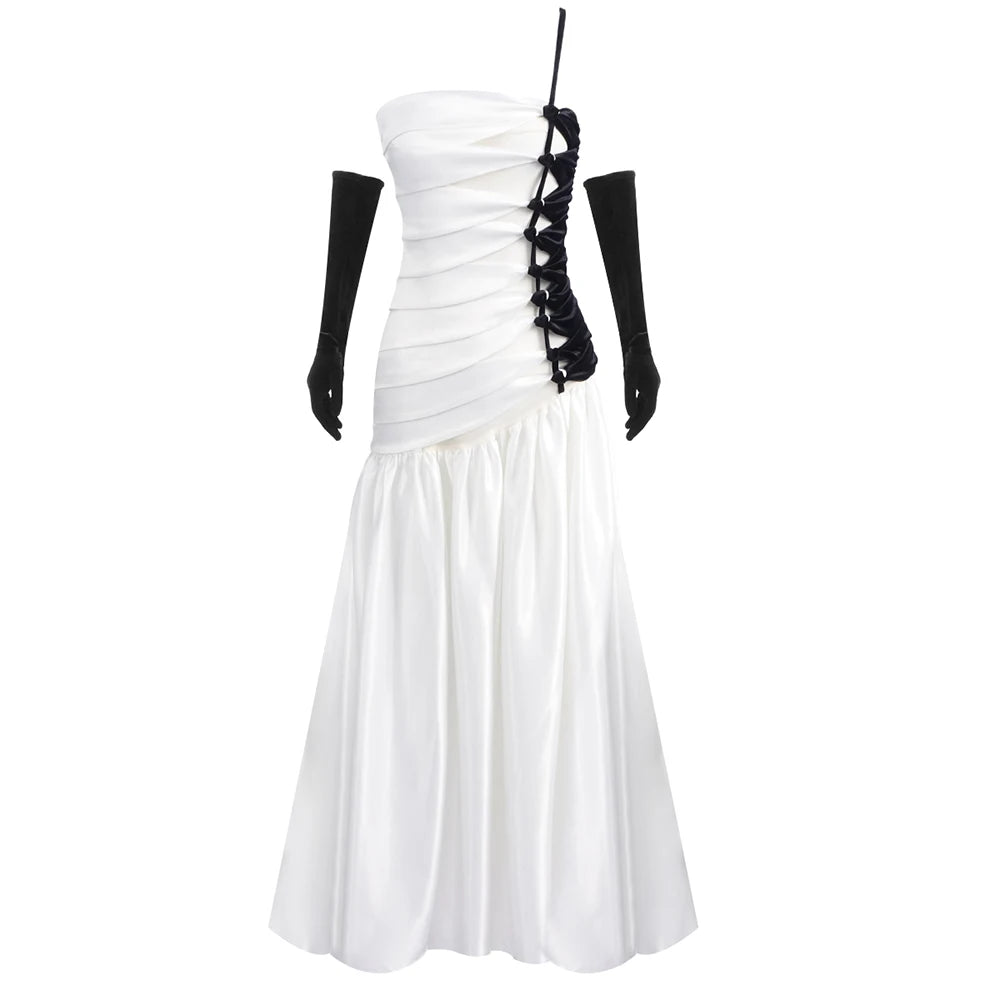 Black And White Floor Length Pleated Cut Off Dress