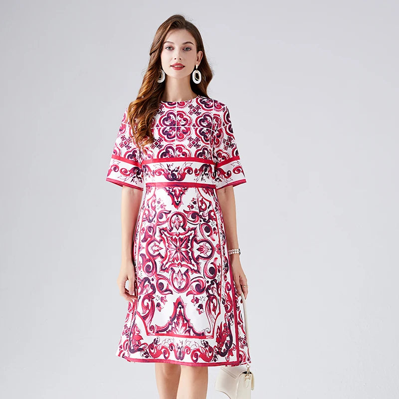 High Quality Elegant Retro Majolica Porcelain Print Runway Dress