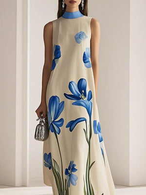 Elegant Flower Printed Stand Collar A-line Dress