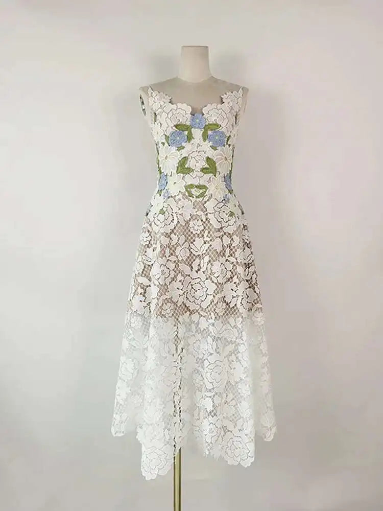 Elegant Rose Embroidery Lace Spliced Hollow Out Dresses