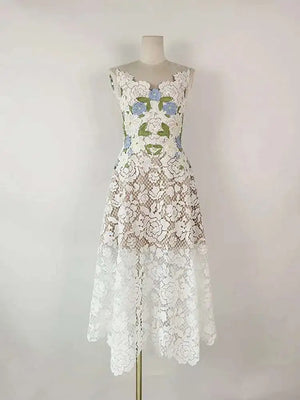 Elegant Rose Embroidery Lace Spliced Hollow Out Dresses
