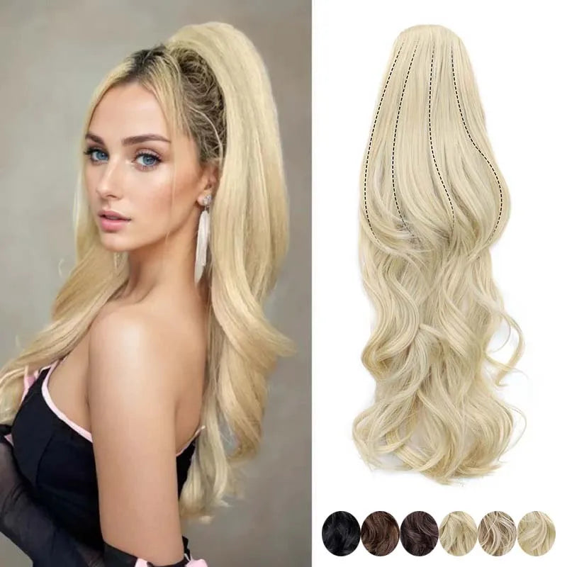 Synthetic 22Inch Long Wavy Curly Layered Ponytail Drawstring Clip