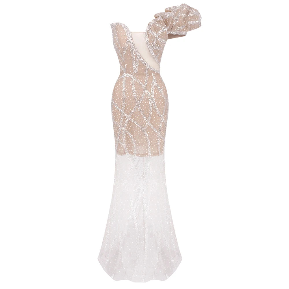 Glamorous One-shoulder Sleeveless Beige Crystal Embellished Dress