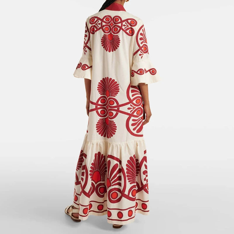 Retro Print Pleated Long Dress