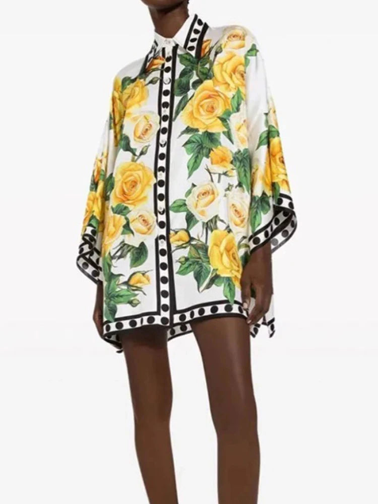 Yellow Rose Printed Single-breasted Shirt Bat Sleeve