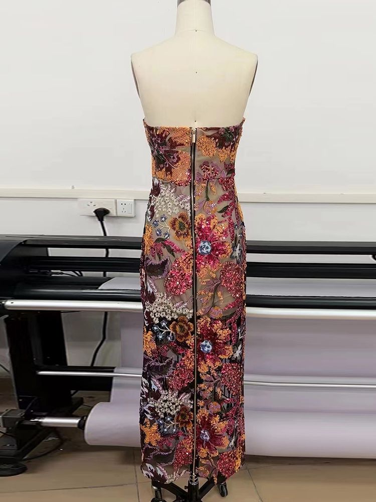 High Quality Luxury Strapless Sequins Flower Dress