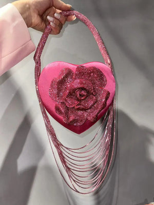 Luxury Glitter Floral Rhinestone Diamond Tassel Evening Bag Heart-Shaped