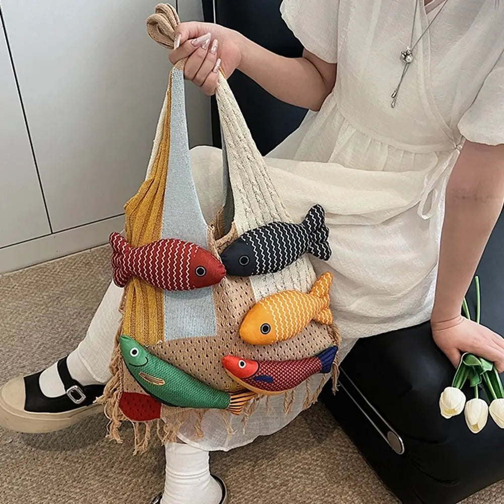 Summer Cotton Crochet Fish Large Capacity Hollow Out Weave Bag
