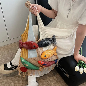 Summer Cotton Crochet Fish Large Capacity Hollow Out Weave Bag