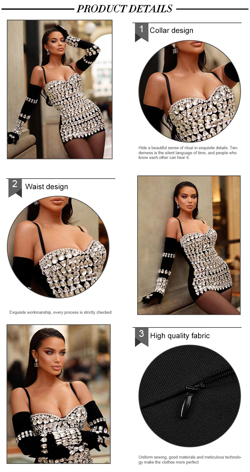 Luxury Gloves Diamond Bodycon Bandage Black Mini Dress