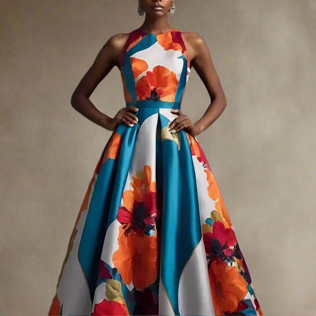 Elegant Floral Print Hem Party Dress